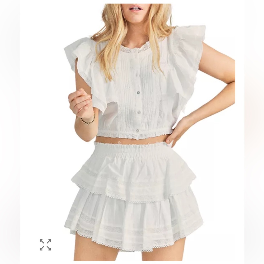 LoveShackFancy ruffled mini skirt tiered white medium cottagecore western rodeo